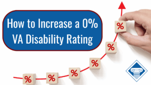 Photo of a red line curving upward on a red background. Small wooden blocks with red percentage signs are placed equidistantly along the curve with a man's hand placing the last one. The article title is to the left: How to Increase a 0% VA Disability Rating