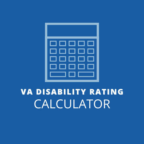 a large blue square with a picture of a calculator and the words "VA Disability Rating Calculator"