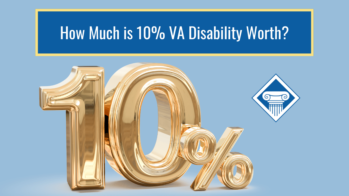 A golden "10%" sits against a light blue background. Over the image is a dark blue box reading the article title: How much is 10% VA disability worth?