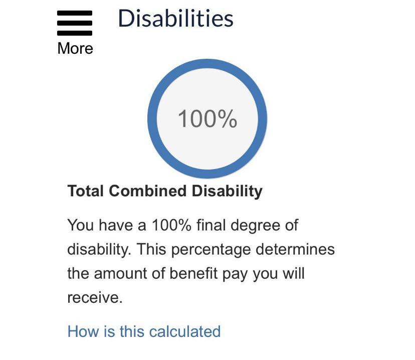 A rating decision screenshot from Veterans Reddit showing a 100% combined disability.