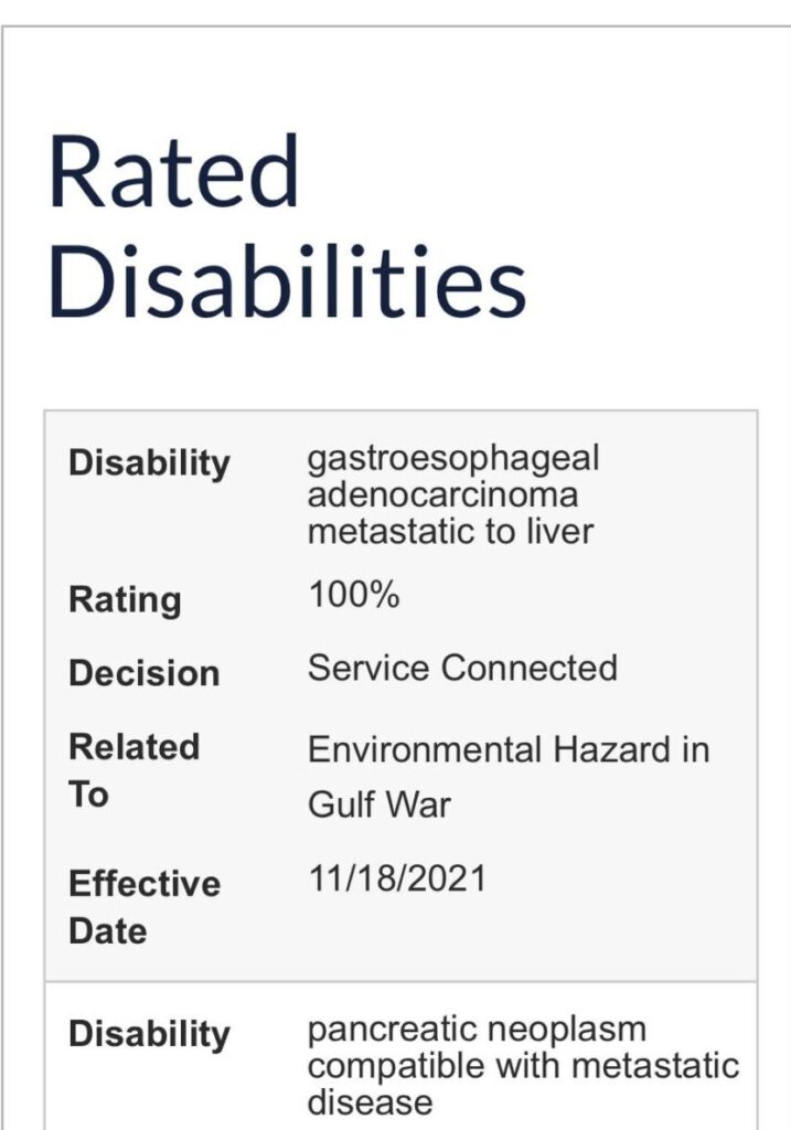 A screenshot from Veterans Reddit showing a 100% rating for gastroesophageal adenocarcinoma metastatic to liver that was service connected as a result of an environmental hazard in the Gulf War.