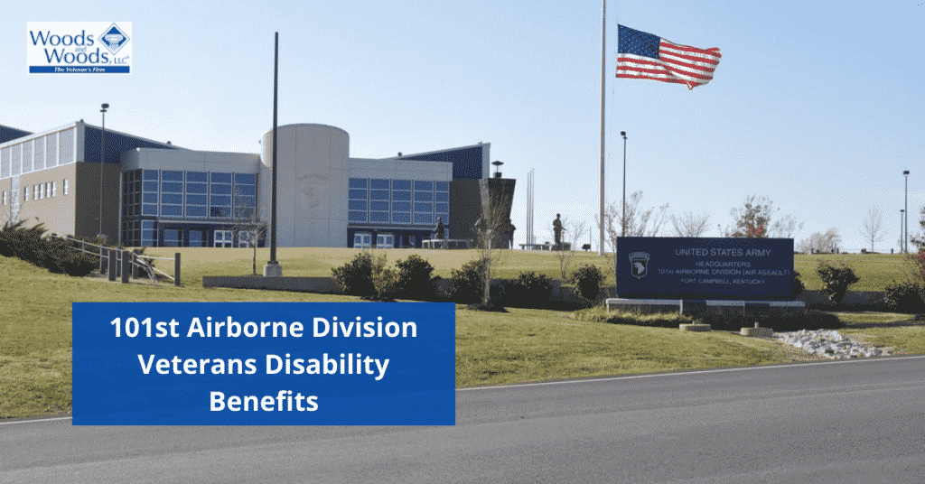 Image of the United States Army Headquarters of the 101st Airborne Division (Air Assault) in Fort Campbell, Kentucky. 101st Airborne Division Veterans Disability Benefits is the title in the lower left corner. The Woods and Woods logo is in the top left corner. 
