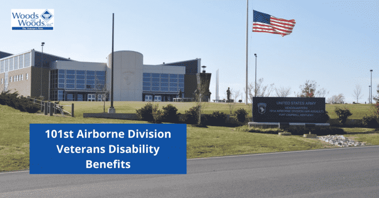 Image of the United States Army Headquarters of the 101st Airborne Division (Air Assault) in Fort Campbell, Kentucky. 101st Airborne Division Veterans Disability Benefits is the title in the lower left corner. The Woods and Woods logo is in the top left corner.