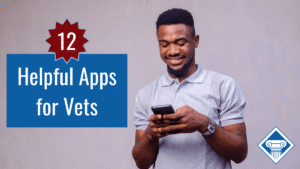 Photo of a man in a collared shirt looking at his phone and smiling. Article title is to the left: 12 Helpful Apps for Vets