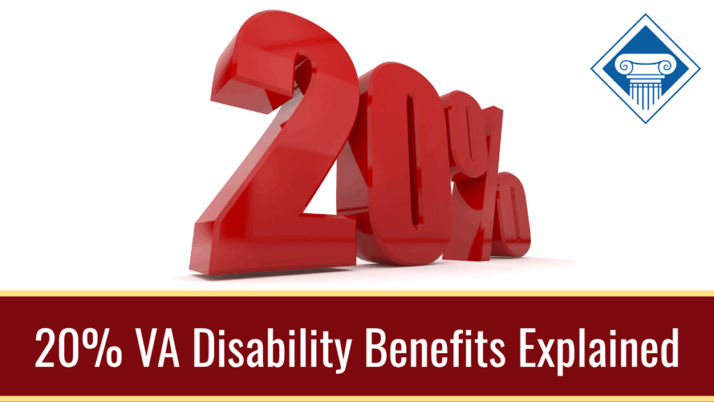 An image of a large red 20%. Along the bottom is a dark red banner reading the article title: 20% VA disability benefits explained