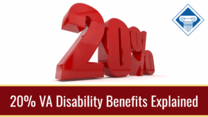 Photo of a big 20% in block font with article title across the bottom: 20% VA Disability Benefits Explained