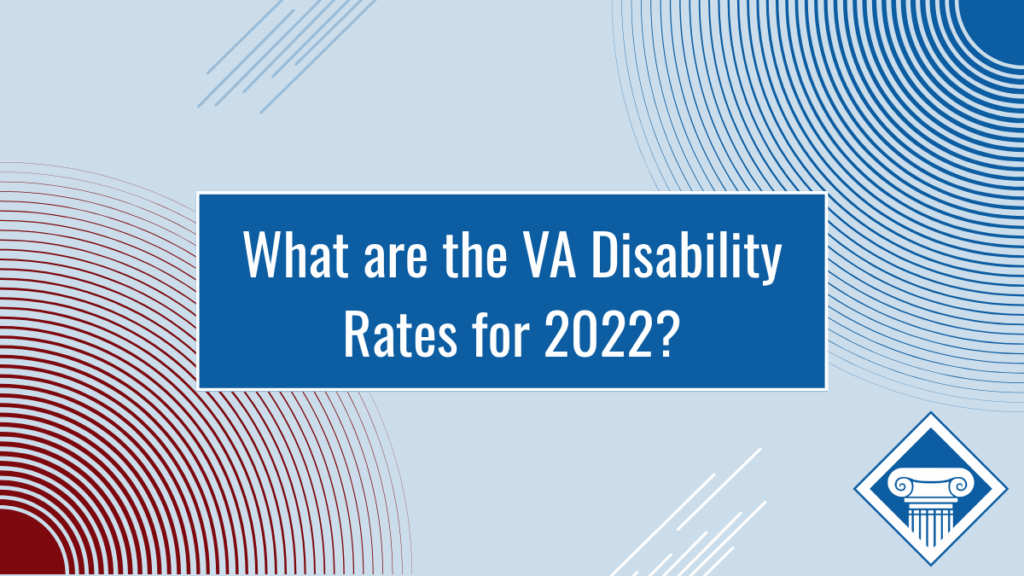 A graphic with a light blue background, and dark blue, red, white, and light blue designs on the corners and edges. Article title is in a dark blue box in the center: What are the VA disability rates for 2022?