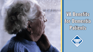 A woman with white hair and glasses looks out a rainy window. Alongside the image is a light blue banner reading the article title: VA benefits for dementia patients