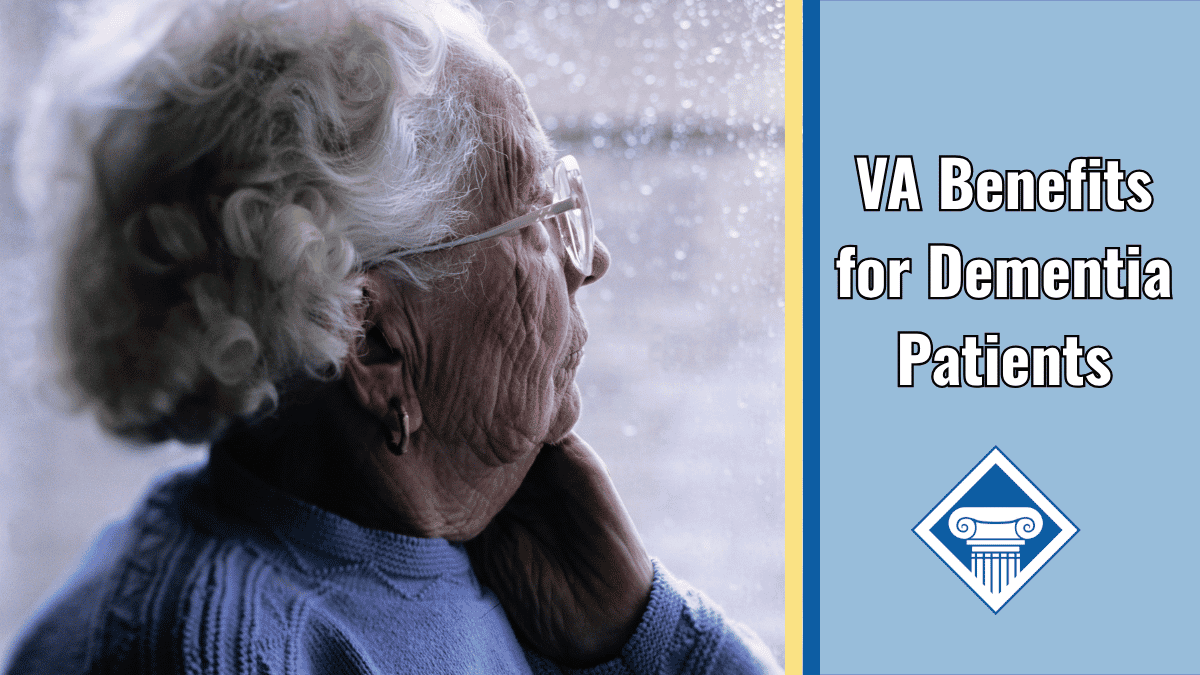 A woman with white hair and glasses looks out a rainy window. Alongside the image is a light blue banner reading the article title: VA benefits for dementia patients