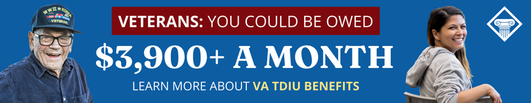 A blue banner reading: Veterans: You could be owed $3900+ a month. Learn more about VA TDIU benefits. To the left of the text is an older male veteran in glasses and a hat, smiling. To the right is a younger female veteran, turning in a chair to smile at the camera.
