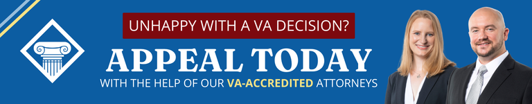 A blue banner featuring VA accredited attorneys Krystal Lechner and Zack Evans, with the text: Unhappy with a VA decision? Appeal today with the help of our VA-accredited attorneys