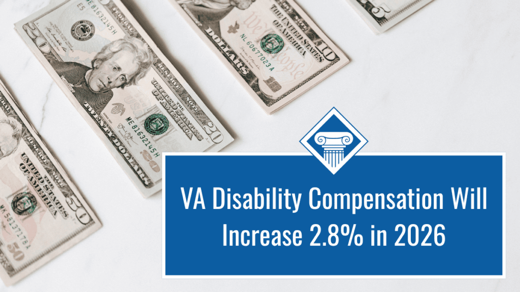 Photo of a fifty, twenty, ten, and five dollar bill with article title across the bottom: VA Disability Compensation Will Increase 2.8% in 2026.