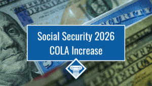 Image of Social Security cards and U.S. one-hundred dollar bills overlapping each other. In the center of the image is a blue text box with the title of the article, "Social Security 2026 COLA increase".