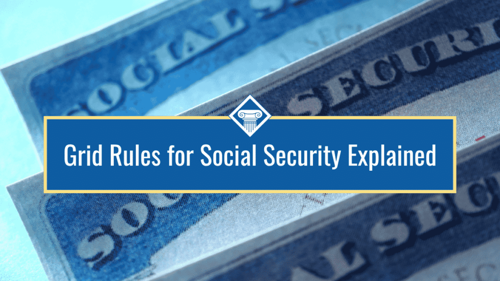 Image of Social Security cards stacked on top of each other sitting on a light blue background. The title of the article, "Grids Rules for Social Security Explained" sits in the middle of the image inside a dark blue box.