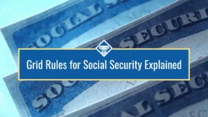 Image of Social Security cards stacked on top of each other sitting on a light blue background. The title of the article, "Grids Rules for Social Security Explained" sits in the middle of the image inside a dark blue box.