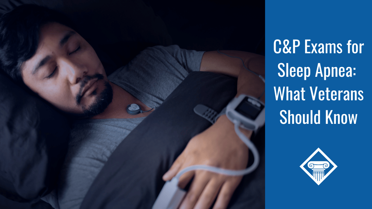An image of a man sleeping with wearing monitors. Alongside the image is a blue banner reading the article title: C&P exams for sleep apnea: what veterans should know