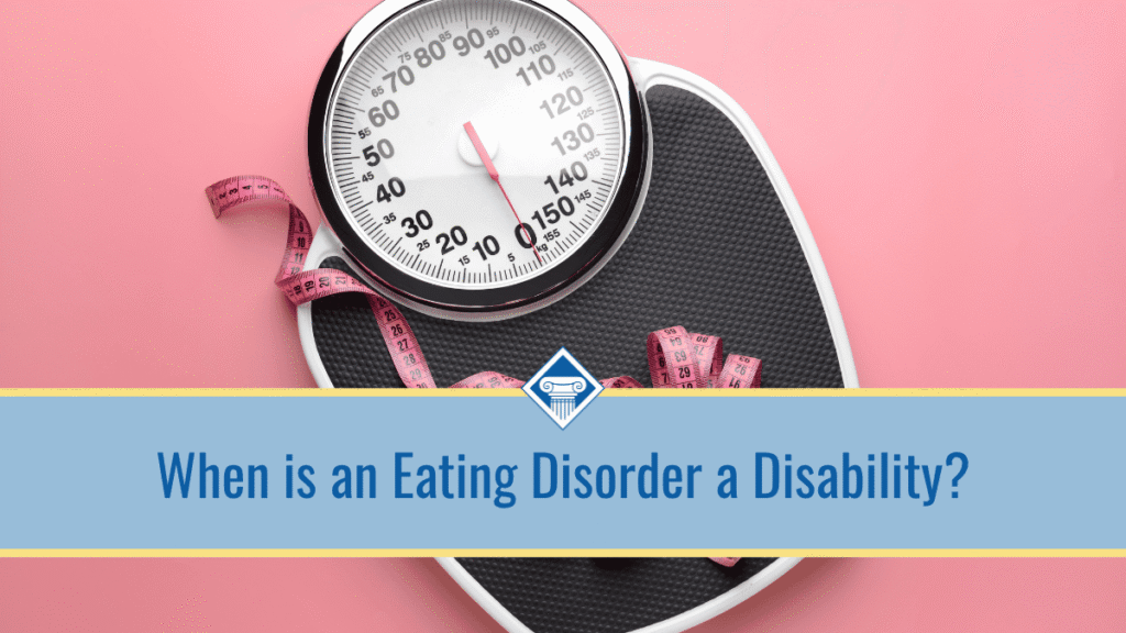 Image of a scale with a dark pink measuring tape on top of it over a warm pink background. The title of the image "When is an Eating Disorder a Disability" sits in the bottom half of the image inside a light blue bar.