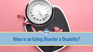 Image of a scale with a dark pink measuring tape on top of it over a warm pink background. The title of the image "When is an Eating Disorder a Disability" sits in the bottom half of the image inside a light blue bar.