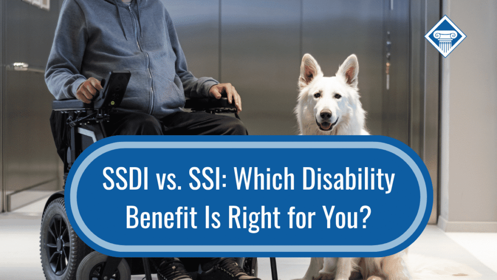 Image of a man sitting in a wheel chair, accompanied by a white German shepherd service dog. The title of the article, "SSDI vs SSI: Which Disability Benefit is Right for You?" is placed at the bottom of the image inside a blue oval.