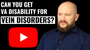 Photo of a man wearing a navy blue button down against a black background with article title to the left: Can you get VA disability for vein disorders?
