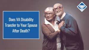 Photo of an older couple with white hair hugging each other and smiling. Article title is to the left: Does VA Disability Transfer to Your Spouse After Death?