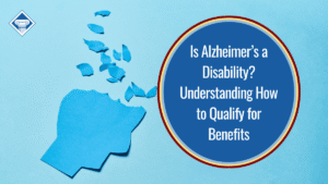 Image a blue paper head with little pieces torn off from the top of the head, on a light blue background with the torn pieces scattered around the top of the image. The article title, "Is Alzheimer's a disability? Understanding how to qualify for benefits" is placed inside a dark blue circle to the right of the image.