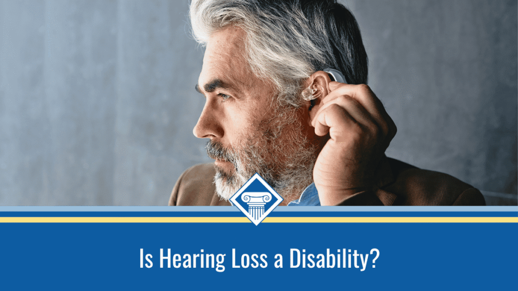 Image of a man adjusting his hearing aid. The title of the article, "Is Hearing Loss a Disability" is placed inside a blue bar that stretches across the bottom of the image.