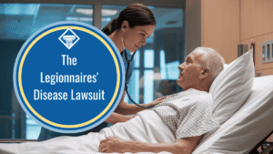Image of an elderly patient laying in a hospital bed with a nurse using a stethoscope on the patient. The title of the page, "The Legionnaires' Disease Lawsuit" is in a blue circle placed to the left of the image.