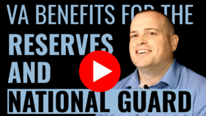 An image of VA disability lawyer Andrew Kuhlenhoelter sitting against a dark background. Over the image is the article title in large, light blue lettering: VA benefits for the Reserves and National Guard