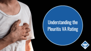 Photo with a black background of a the torso of a person wearing a white t-shirt clutching their chest. Article title is to the right in a blue circle: Understanding the pleuritis VA rating