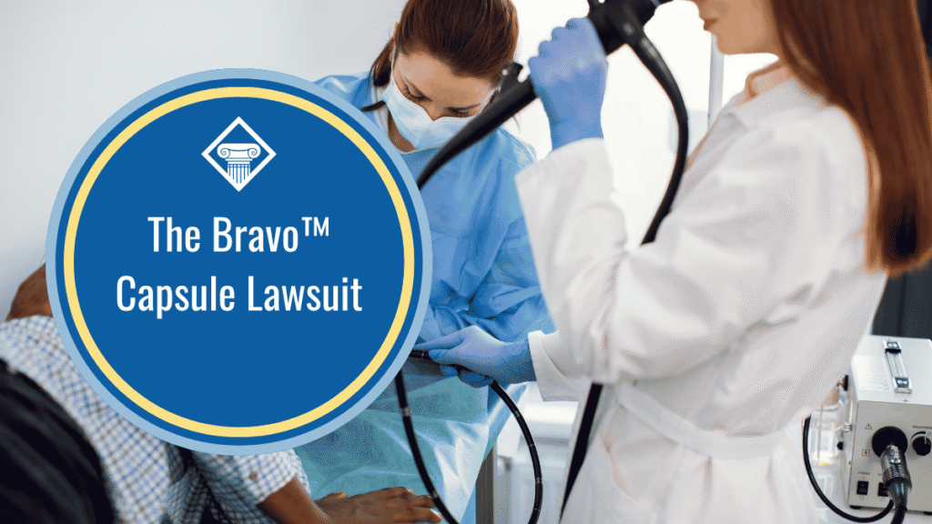 Image of two female healthcare professionals performing an endoscopy or placing a Bravo capsule device inside a patient. The patient is laying on their side and their face is obscured by the title of the article, "The Bravo Capsule Lawsuit". The title of the article is placed inside a blue circle with the Woods & Woods logo.