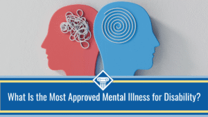 Image of a pair of pink and blue head cut-outs. The pink head cut-out features tangled string where the brain should be and the blue head features a string in a spiral pattern where the brain should be. At the bottom of the image is the title of the article, "What Is the Most Approved Mental Illness for Disability?" sits inside a blue bar.