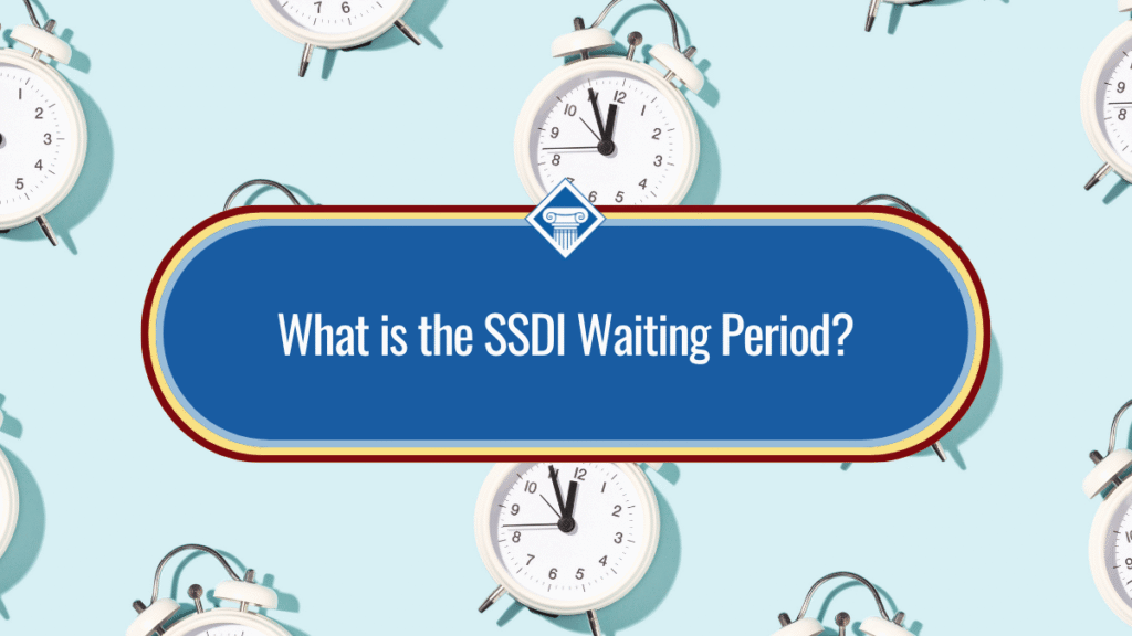 Image of several white clocks on top of a light blue background. The title of the article, What is the SSDI Waiting Period?" is placed in the middle of the image inside of a blue oval.