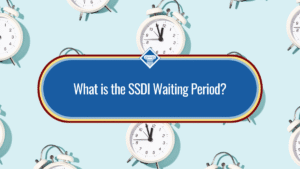 Image of several white clocks on top of a light blue background. The title of the article, What is the SSDI Waiting Period?" is placed in the middle of the image inside of a blue oval.