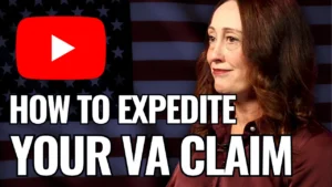 Photo of a woman in front of an American flag backdrop. There is a red Youtube button logo in the lefthand corner. Article title is below: How to expedite your VA claim