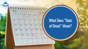 Image of a calendar open to November 2022 with the title of the article, "What does 'Date of Onset' mean?" placed inside a blue circle that is sitting to the right of the image.