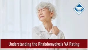 Photo of a woman with short white hair wearing a white, long sleeve, button-down shirt and holding her shoulder in pain with one hand while grimacing. Article title is across the bottom of the image: Understanding the rhabdomyolysis VA rating.