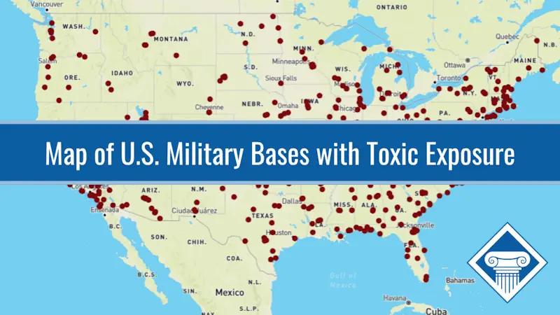 Photo of a map of the US with red markers on it marking military locations with toxic exposure. Article title is across the middle of the photo: Map of U.S. Military Bases with Toxic Exposure