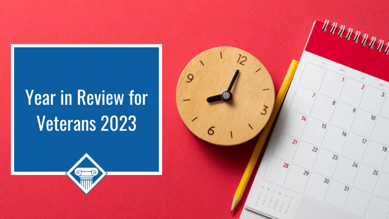 A wooden clock, a pencil, and a calendar are shown on a red background, with the article title to the left: Year in Review for Veterans 2023.