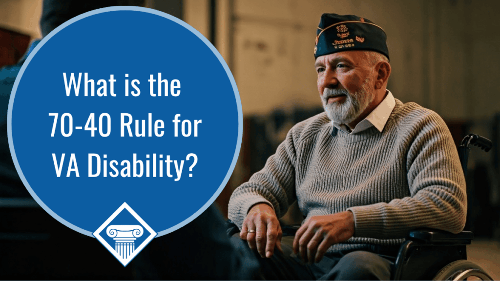 A man in a grey sweater and cap sits in a wheelchair. Over the image is a blue bubble reading the title: What is the 70-40 rule for VA disability?