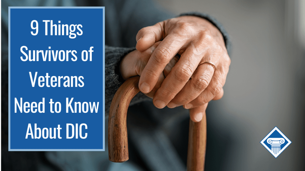 A person's hands holding a wooden cane. They are wearing a wedding ring. Over the image is a box with the article title: 9 things survivors of veterans need to know about DIC 