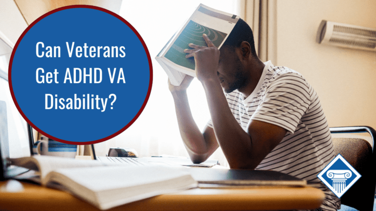 A man sits with his elbows on a desk, putting a book over his head in frustration. Over the image is the Woods and Woods logo and a blue bubble reading the article title: Can veterans get ADHD VA disability?