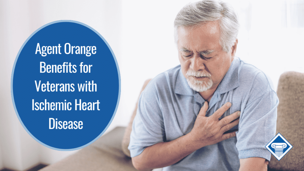 A man with white hair clutches his chest in discomfort. Over the image is a bubble that reads the article title: Agent Orange Benefits for veterans with ischemic heart disease