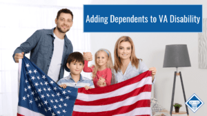 A man, two kids, and a woman hold an American flag. Article title is in the top righthand corner: Adding Dependents to VA Disability
