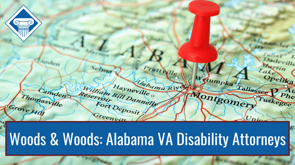 Photo of a map of Alabama with a push pin in the middle. Article title at the bottom: Woods & Woods: Alabama VA Disability Attorneys