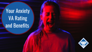 Teenage girl screaming in dark room with red and blue lights in background. Article title in upper left corner: Your Anxiety VA Rating and Benefits