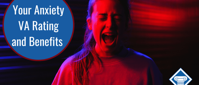 Teenage girl screaming in dark room with red and blue lights in background. Article title in upper left corner: Your Anxiety VA Rating and Benefits