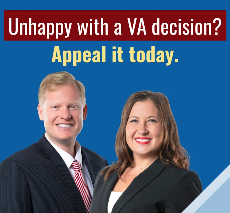 A blue banner featuring VA accredited attorneys Neil Woods and Lori Underwood, with the text: Unhappy with a VA decision? Appeal it today.