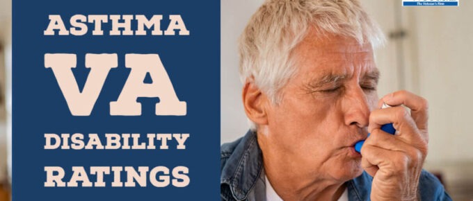 An older man using an inhaler. Article title is to the left: Asthma VA disability ratings. Woods and Woods logo is in the top right.