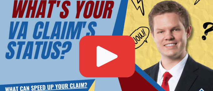 Man in a suit in front of a yellow background to the right, Youtube play button in the middle, and article title to the left: What's Your VA Claim's Status?